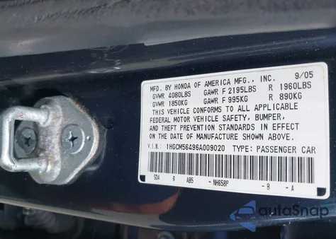 2006 Honda Accord 2.4 Lx z USA, uszkodzony, nr VIN 1HGCM56496A009020